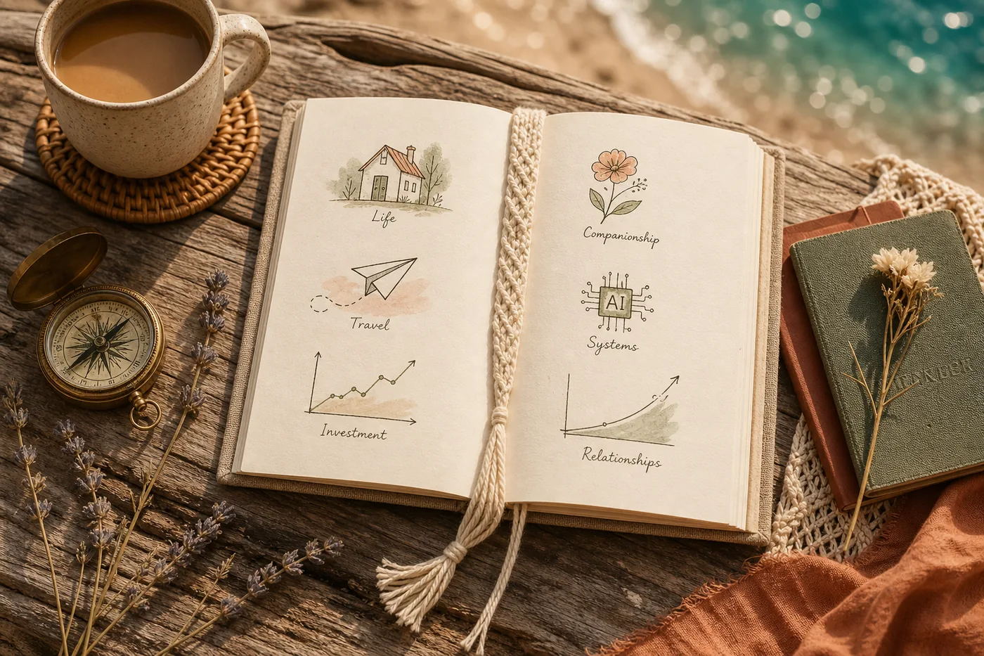 Boho 海邊工作桌上的 Kelsi 人生系統地圖——筆記本上的 Life/Travel/Investment/Companionship/Systems/Relationships 圖示