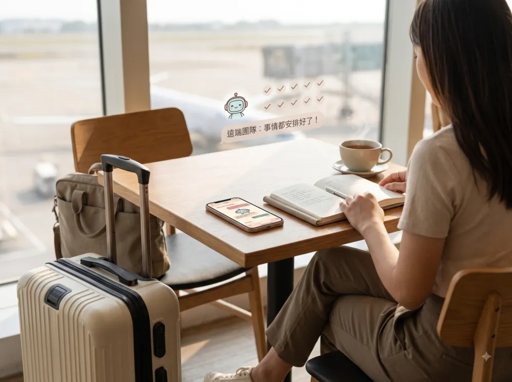 在機場候機時確認行程與遠端團隊安排